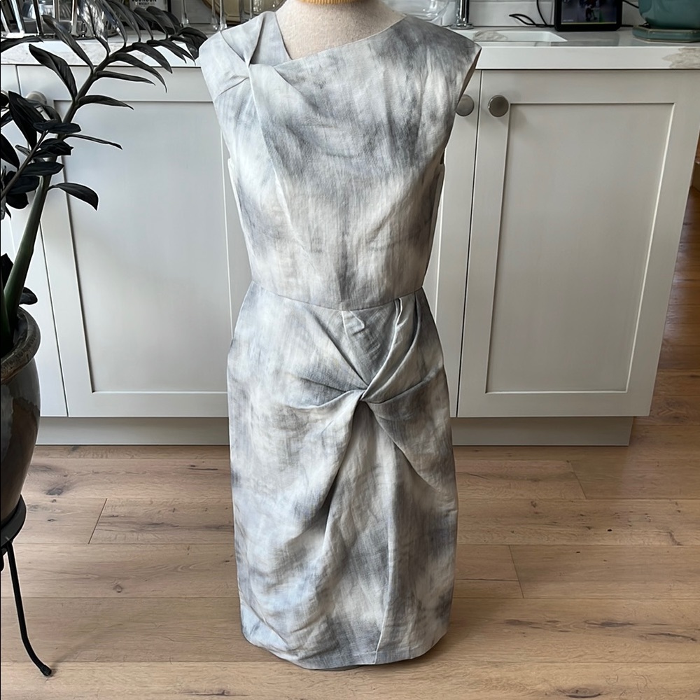 EUC Dennis Merotto linen blend white and grey dress with wrap knot detail
